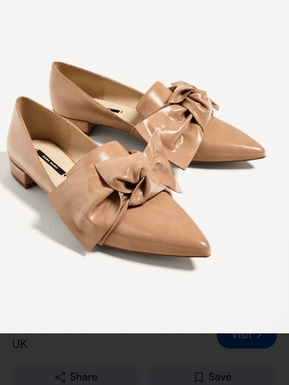 Zara Nude Patent Bow Pointed Toe D’Orsay Flats Size 38
